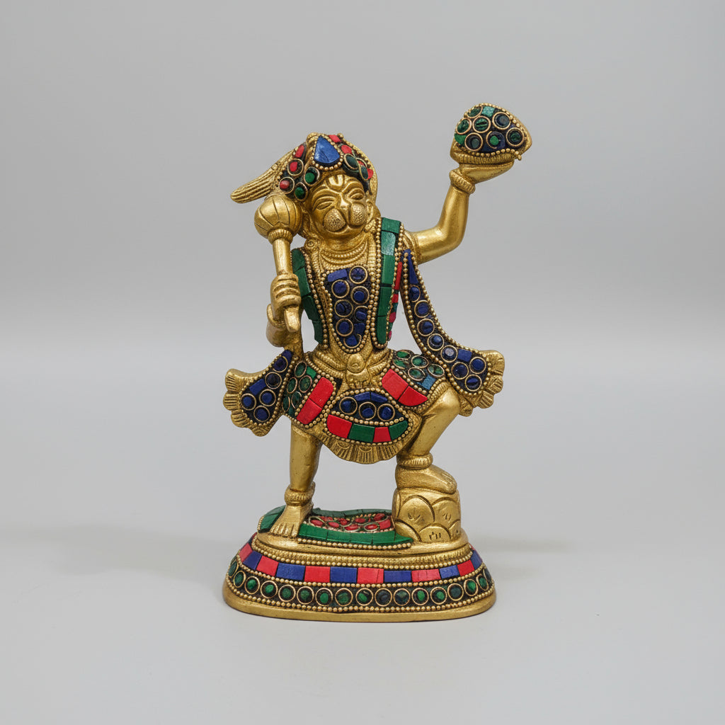 brass with stonework hanuman holding parvat statue for temple décor